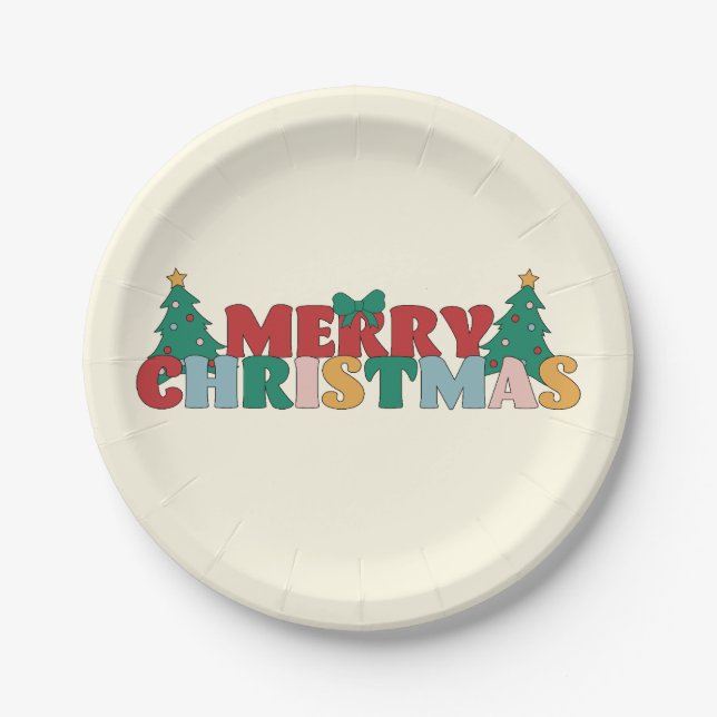 Frohe Weihnachtstypografie dekoriert Pine Tree Pappteller (Vorderseite)