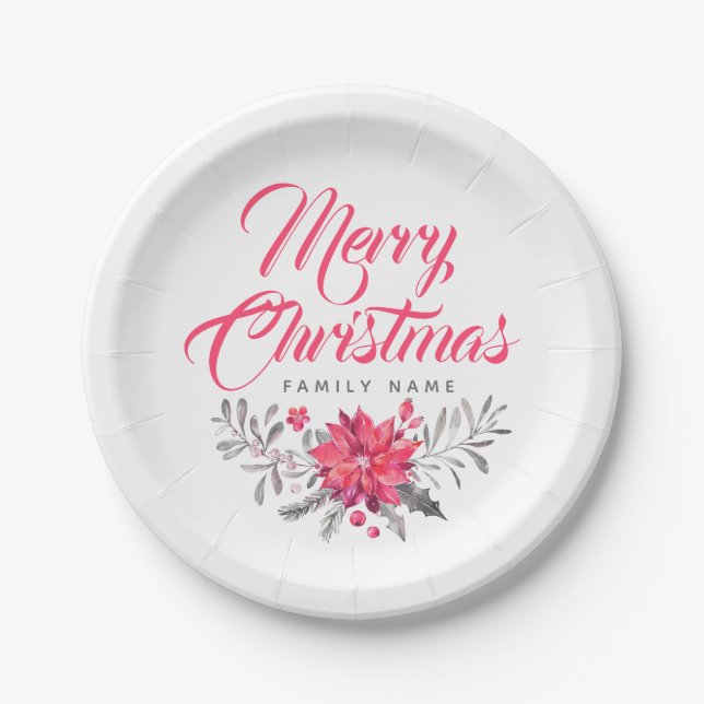 Frohe Weihnachtstypografie & Floral Bouquet Pappteller (Vorderseite)
