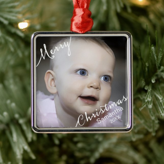 Frohe Weihnachtstypografie Foto & Jahr Custom Silbernes Ornament (Baum)