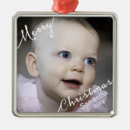 Frohe Weihnachtstypografie Foto & Jahr Custom Silbernes Ornament