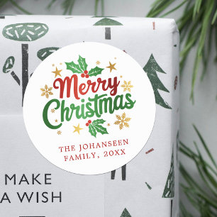 Frohe Weihnachtstypografie Holly Berry Familie Runder Aufkleber