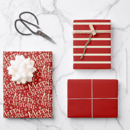 Frohe Weihnachtstypografie Red Cream Pattern Geschenkpapier Set