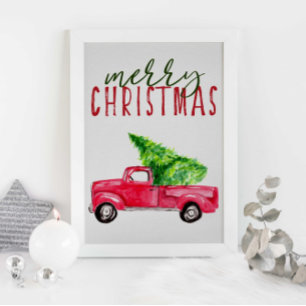 Frohe Weihnachtstypografie Red Truck Tree Festive Poster