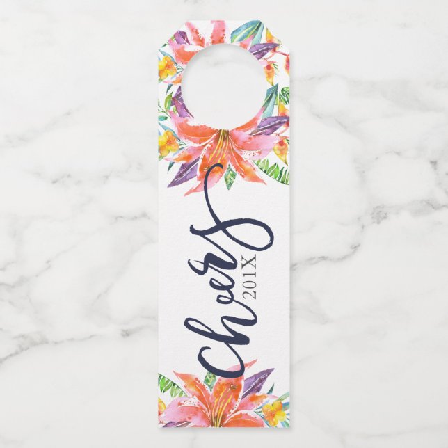 Frohe Weihnachtstypografie Tropische Blume Flaschenanhänger (Vorderseite)