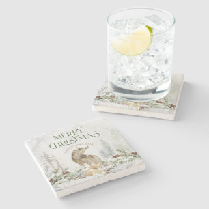 Frohe Weihnachtstypografie und Blume mit Wolf Steinuntersetzer