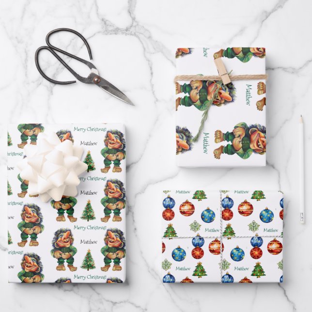 Frohe Weihnachtswache und Baumfreude Geschenkpapier Set (Vorderseite)