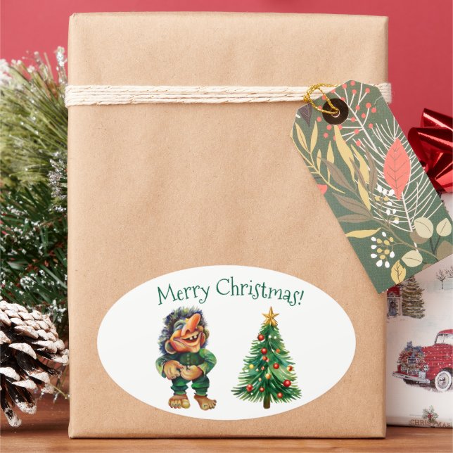 Frohe Weihnachtswache und Baumfreude Ovaler Aufkleber (Feiertag)