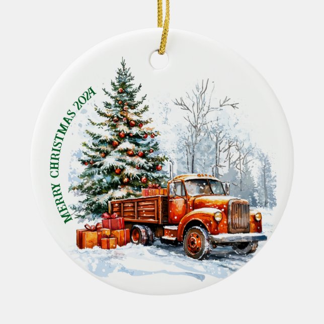 Frohe Weihnachtswagen Keramik Ornament (Vorne)
