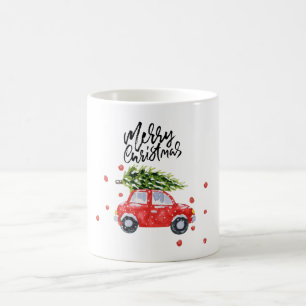 Frohe Weihnachtswagen mit Weihnachtsbaum  Kaffeetasse