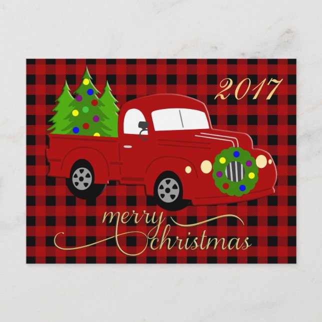 Frohe Weihnachtswagen & Tree Karierte Postkarte (Vorderseite)