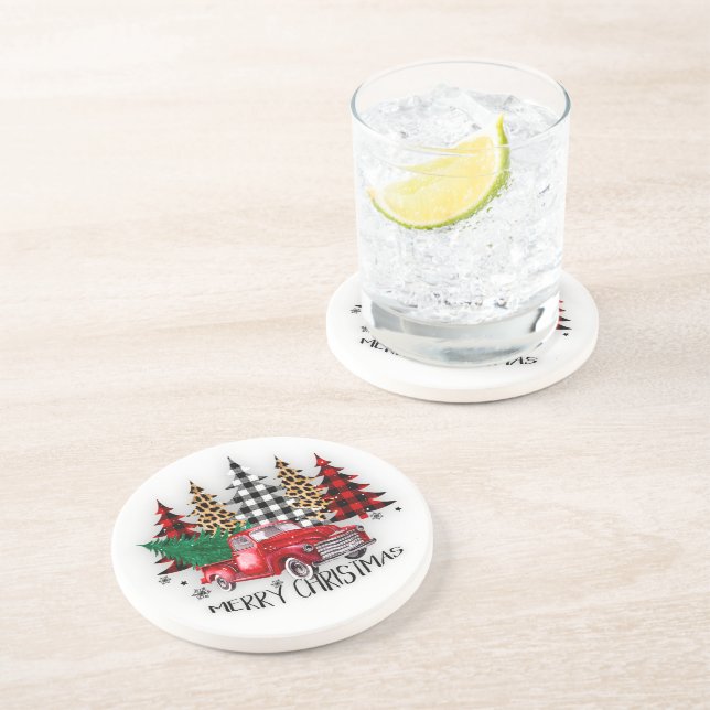 Frohe Weihnachtswagen und Bäume Getränkeuntersetzer (Seite)