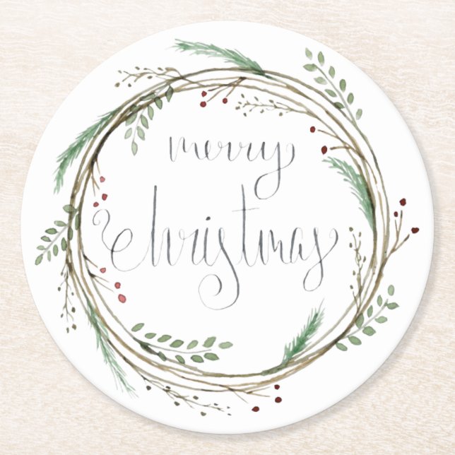 Frohe Weihnachtswasserfarbe Runder Pappuntersetzer (Vorderseite)