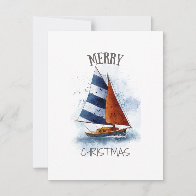 Frohe Weihnachtswasserfarbe Sailboat Feiertagskarte (Vorderseite)