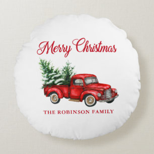 Frohe Weihnachtswasserfarbe Vintag Red Truck White Rundes Kissen