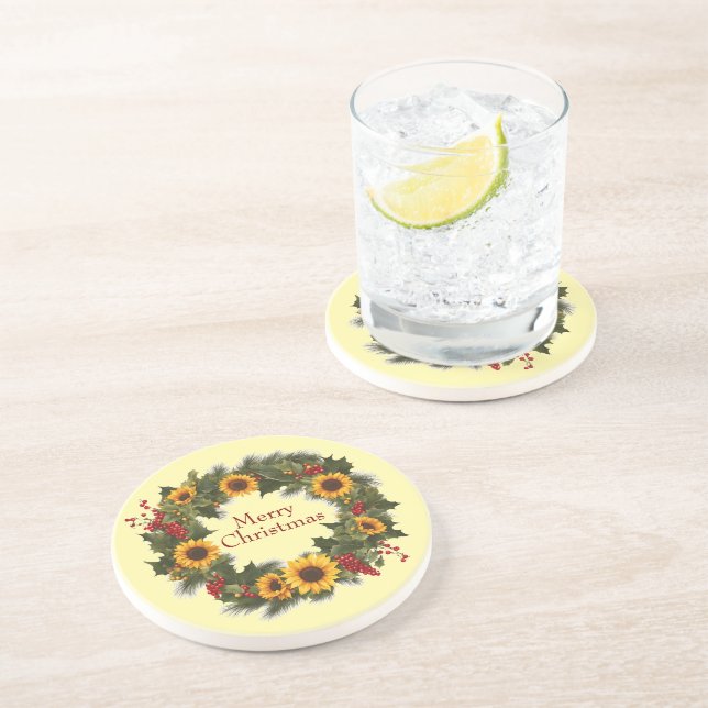 Frohe Weihnachtswein Sonnenblume Wreath Holly Joy Getränkeuntersetzer (Seite)