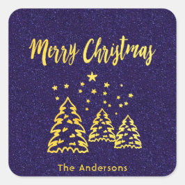 Frohe Weihnachtswinterwald blauer Glitzer Gold Quadratischer Aufkleber
