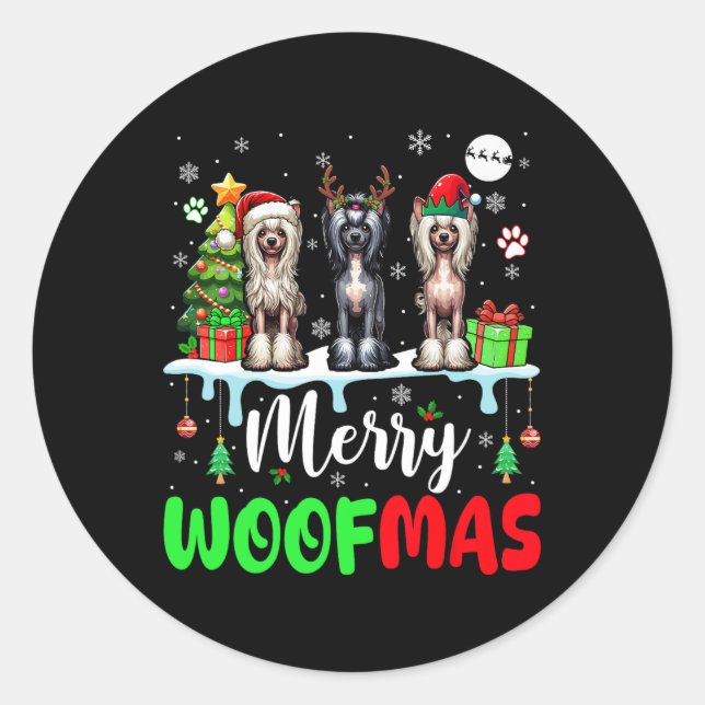 Frohe Weihnachtswoof Three Santa Elf Chinesisches  Runder Aufkleber (Vorderseite)