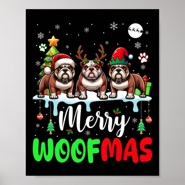 Frohe Weihnachtswoof Three Santa Reindeer Elf Bull Poster (Vorne)