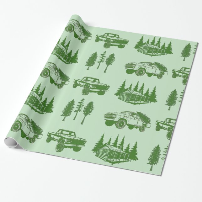 Frohe Weihnachtswrapping Paper Truck, Tree & Cabin Geschenkpapier (Ungerollt)