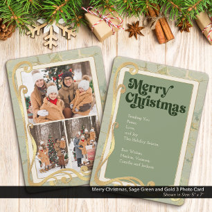Frohe Weihnachtszeit Grün und Gold 3 Foto-Karte Feiertagskarte