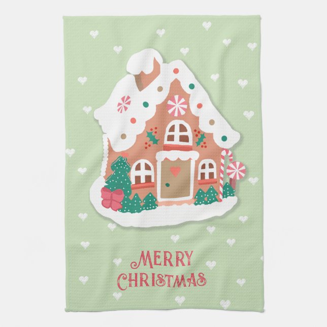 Frohe Weihnachtszeit Pink Snowy Gingerbread Haus Geschirrtuch (Vertikal)