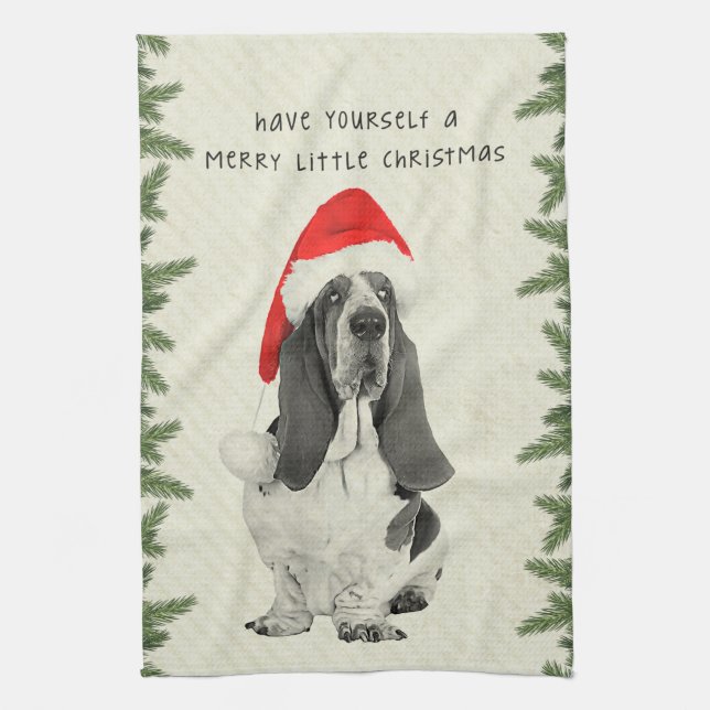 Frohe wenig Weihnachten Basset Hounds Geschirrtuch (Vertikal)