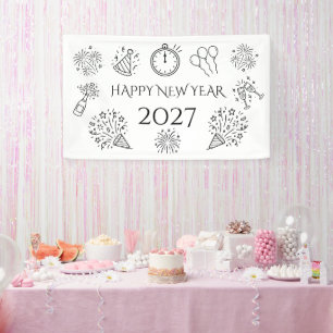 Frohe Whimsical Doodles Schwarzer Text Neujahr 202 Banner