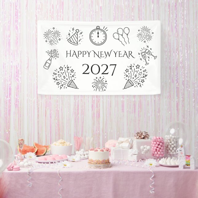 Frohe Whimsical Doodles Schwarzer Text Neujahr 202 Banner (Party)