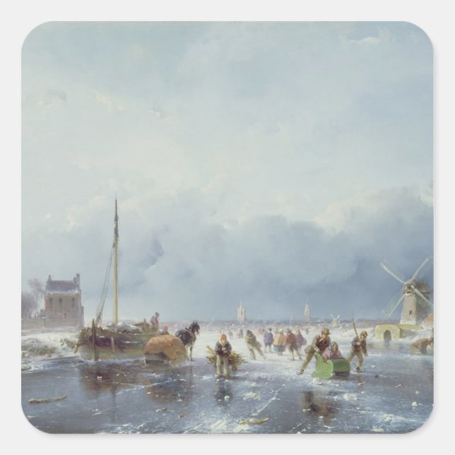 Frohe Winterszene Quadratischer Aufkleber (Vorderseite)