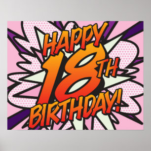 FROHEN 18. GEBURTSTAG Comic Book Pop Art pink Poster