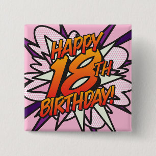 FROHEN 18. GEBURTSTAG Pink Lustig Retro-Comic Button