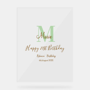 Frohen 21. Geburtstag grün Name Monogramm braun Acrylschild