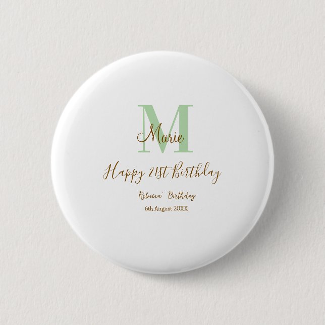 Frohen 21. Geburtstag grün Name Monogramm braun  Button (Vorderseite)