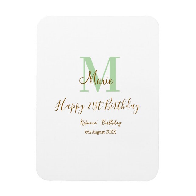 Frohen 21. Geburtstag grün Name Monogramm braun  Magnet (Vertikal)