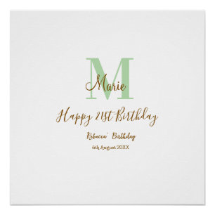 Frohen 21. Geburtstag grün Name Monogramm braun Poster