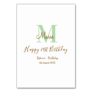 Frohen 21. Geburtstag grüner Name Monogramm braun Tischnummer
