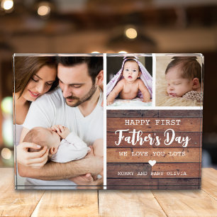 Frohen ersten Vatertag Neuer Vater Dunkles Holz 3 Fotoblock