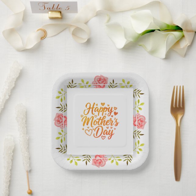 Frohen Muttertag Blumen Aquarell Rosa Blume Pappteller (Hochzeit)