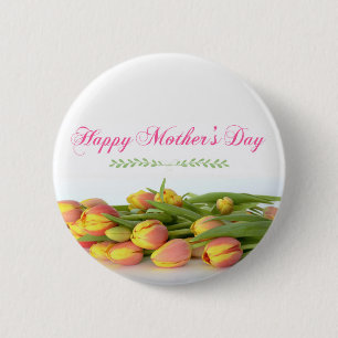 Frohen Muttertag mit gelben und orangen Tulpen Button