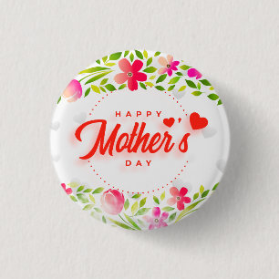 Frohen Muttertag Wasserfarbe Rosa Blumen & Herzen Button