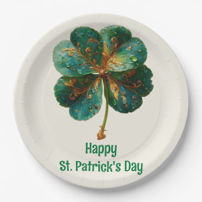 Frohen St. Patrick’s Tag Elegantes Kleeblatt Pappteller (Vorderseite)
