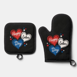 Frohen Tag der Arbeit Patriotische Herzen Rot Weiß Ofenhandschuh & Topflappen-Set