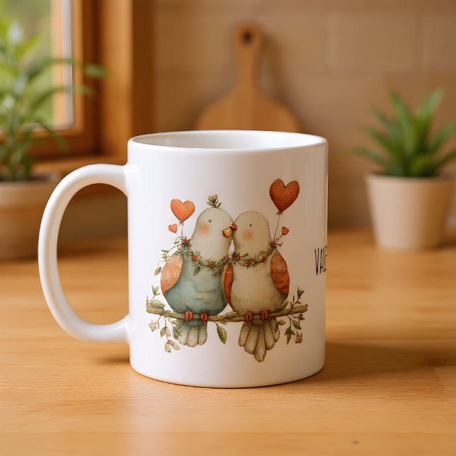 Frohen Valentinstag Charmante Liebesvögel Kaffeetasse (Von Creator hochgeladen)