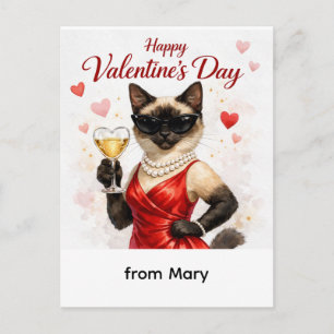Frohen Valentinstag – Glamouröse Siamkatze in Rot Feiertagspostkarte