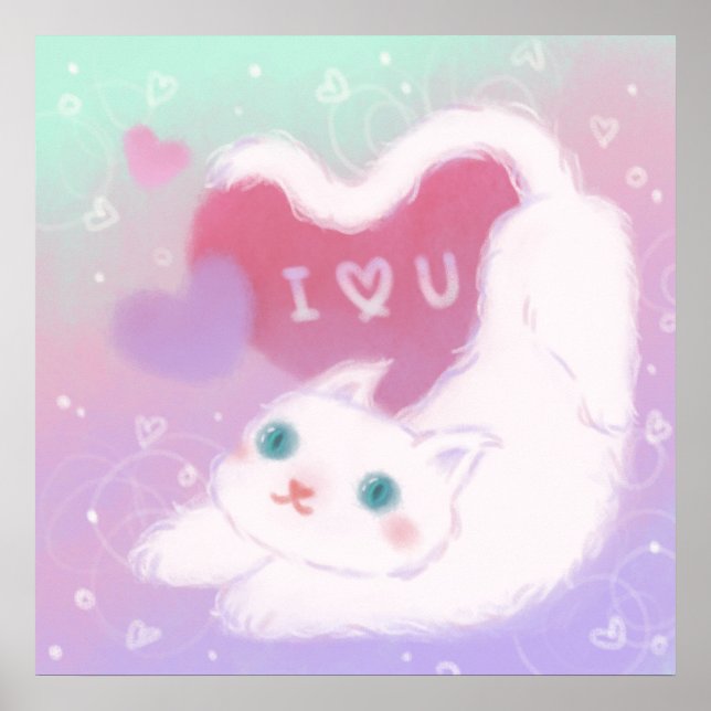 Frohen Valentinstag mit flauschiger weißer Katze Poster (Vorne)