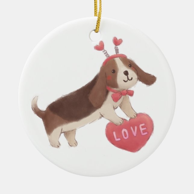 Frohen Valentinstag mit Welpe Keramik Ornament (Vorne)