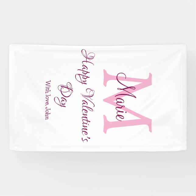 Frohen Valentinstag Monogramm rosa Name Liebe Mädc Banner (Horizontal)