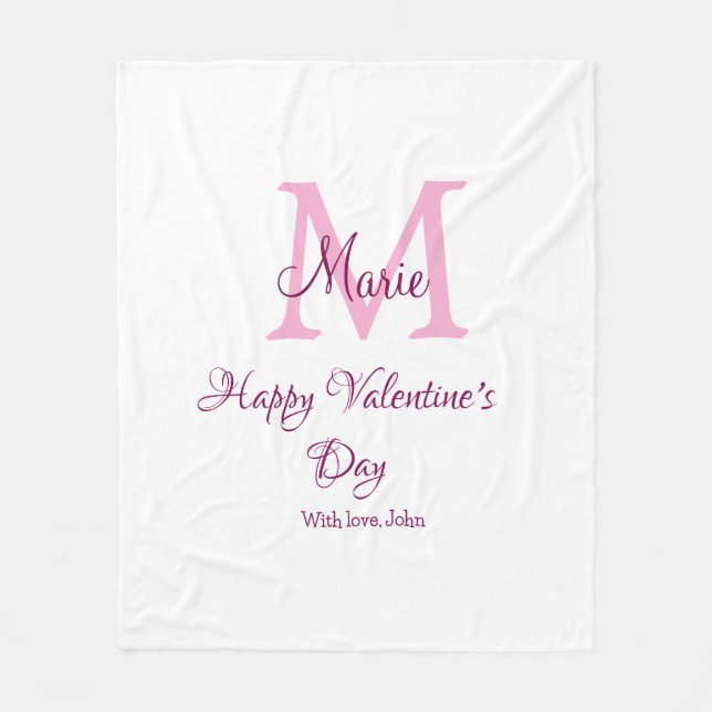 Frohen Valentinstag Monogramm rosa Name Liebe Mädc Fleecedecke (Vorderseite)
