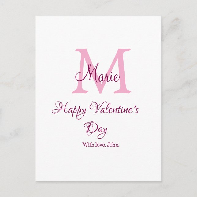 Frohen Valentinstag Monogramm rosa Name Liebe Mädc Postkarte (Vorderseite)