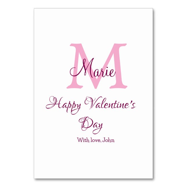 Frohen Valentinstag Monogramm rosa Name Liebe Mädc Tischnummer (Vorderseite)